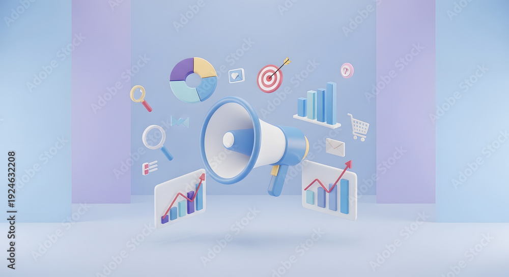Fototapeta premium Digital Marketing & Business Analytics Concept. 3D Megaphone with Floating Data Charts, Target, and Growth Icons for Strategic Promotion.