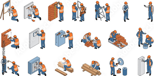 Construction workers performing various building tasks including masonry, drilling, measuring, cutting, painting, and installation activities, professional labor set
