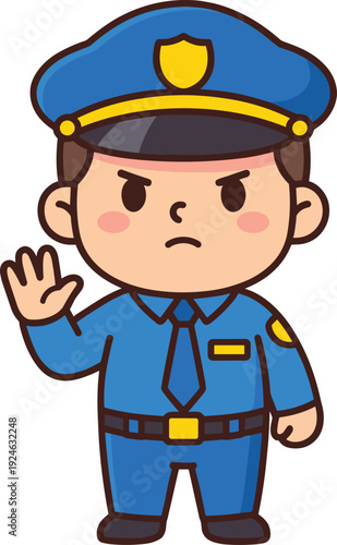 Cute cartoon police officer character waving hand, friendly law enforcement mascot flat vector illustration isolated on white background