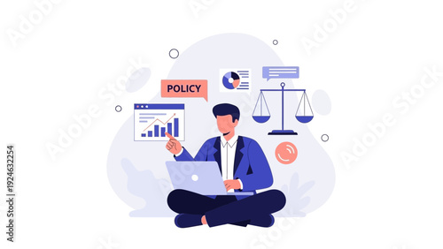 Businesswoman with Laptop, Policy and Law Scales, Data Analysis