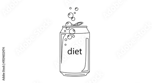 Diet Soda Can with Bubbles and Tab Open, Minimalist Line Art