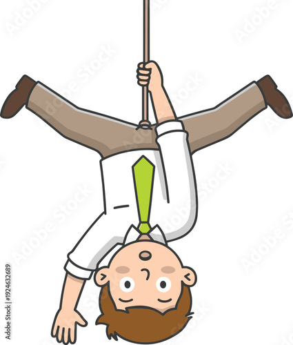 Funny businessman hanging upside down from rope, playful cartoon office worker character in humorous pose, flat vector illustration isolated on white background