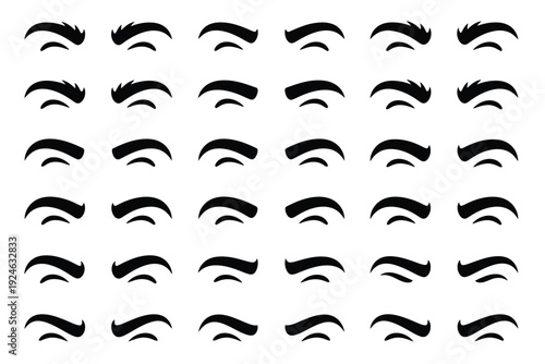 Collection of black eyebrow shapes in various styles on white background for beauty and makeup design
