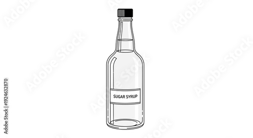 Clear glass bottle of sugar syrup with label and black cap, isolated on white background
