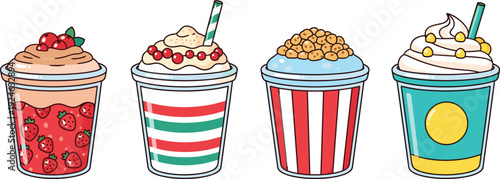 Cute dessert cups vector illustration set, sweet ice cream and snack treats, colorful cartoon food collection isolated on white background
