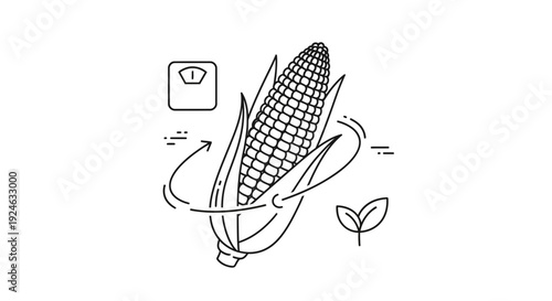 Corn cob with scale icon and leaves, symbolizing healthy eating and weight loss
