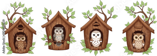 Cute owl birdhouse illustration set featuring woodland cartoon owls sitting in rustic wooden nests with leafy branches, adorable nature characters isolated on white background