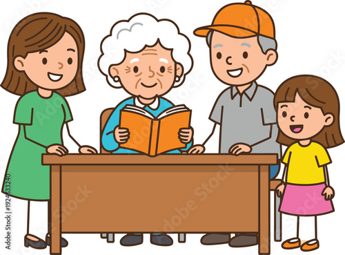 Happy family reading together with grandmother at table, multi generation cartoon characters, flat vector illustration isolated on white background for education concept