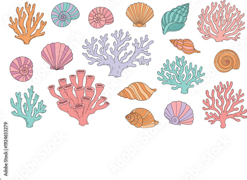 Hand Drawn Coral Reef and Seashell Collection, Colorful Marine Ocean Elements Set Isolated Vector Illustration