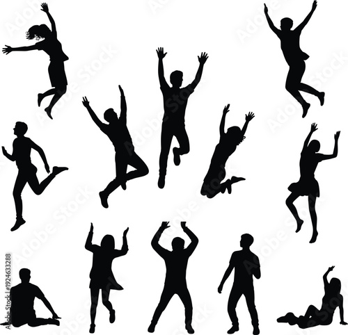 Group of people jumping silhouettes set, happy men and women celebrating, black vector illustration isolated on white background