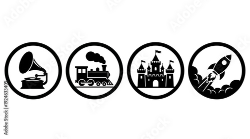 Journey Through Time: Gramophone, Train, Castle, and Rocket Icons for Past, Present, Future Concepts
