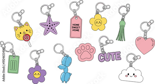 Cute Keychain Charms Set with Cat Flower Heart Cloud and Home Tag, Kawaii Accessories Collection Vector Illustration