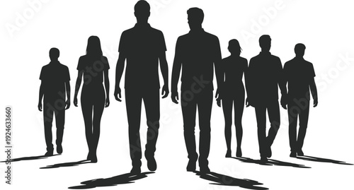 Group of people silhouettes walking forward, men and women figures, black vector illustration isolated on white background