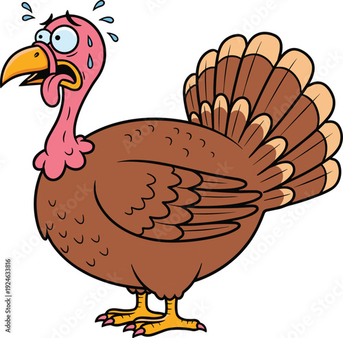 Funny turkey cartoon illustration with surprised expression, cute thanksgiving bird character, humorous farm animal design, playful festive mascot isolated on white background vector style