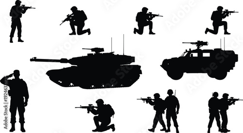 military vehicle silhouette, soldier with rifle, combat mission set, tactical warfare illustration, armored combat vehicle, army tank vector, military equipment 