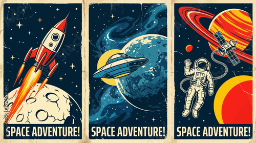 Retro Space Adventure Posters Set: Rocket Launch, UFO, Astronaut, and Planets in Vintage Cosmic Exploration Art