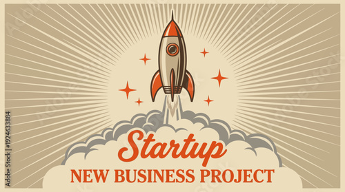 Vintage Rocket Launch Illustration for Startup & New Business Project. Retro Art for Innovation, Growth, and Entrepreneurship.