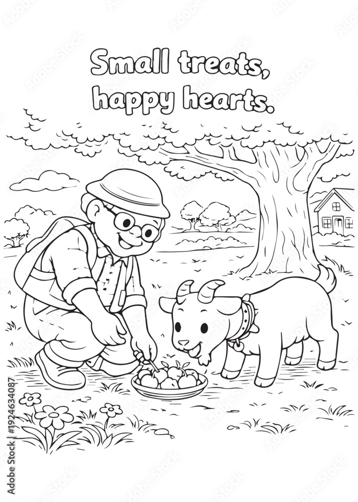Fototapeta premium coloring book grandpa offering small treats to a goat, creating happy hearts together