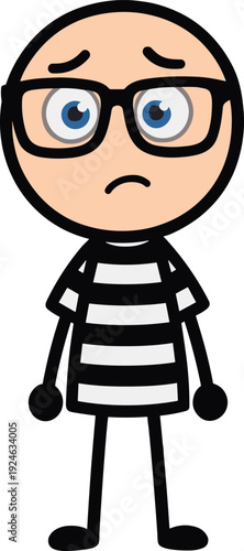 Sad cartoon thief in striped shirt and glasses, worried criminal character illustration, flat vector design