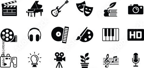 Media and entertainment icons set, music film photography art creative tools vector illustration isolated white background