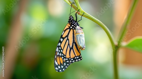 chrysalis. A monarch butterfly emerging from its chrysalis on a green stem, wings damp. wildlife magazines, conservation campaigns, designed for wildlife conservation campaigns.