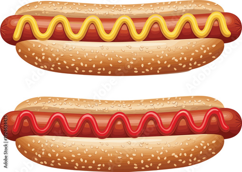 Realistic hot dog vector illustration with mustard and ketchup, detailed sausage in sesame bun, fast food icon isolated on white background, classic snack design