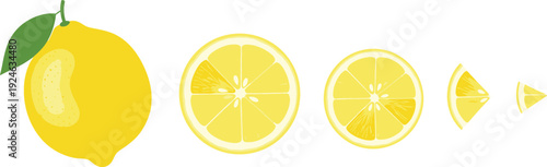 Fresh Lemon Whole and Sliced Set, Yellow Citrus Fruit Cross Section Isolated on White Background Vector Illustration
