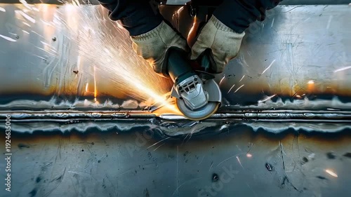 Gloved hands grinding steel seam with angle grinder, bright sparks flying across welded metal surface in gritty workshop closeup of fabrication work, technician smoothing weld bead, motion blur, heat