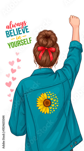 A girl empowering herself with an inspirational message and a sunflower