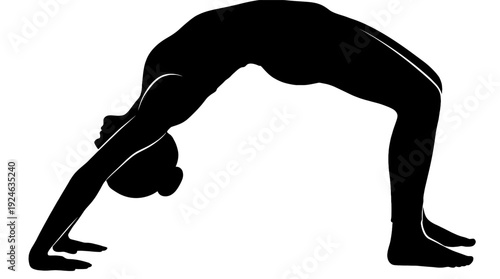 Silhouette of a person doing a graceful backbend yoga pose. The figure forms a perfect arch with head and hands on the ground, showcasing strength and flexibility