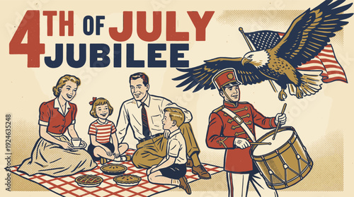Vintage illustration celebrating the 4th of July, with family and patriotic elements. It evokes the spirit of independence day with an eagle, drum, and American flag.