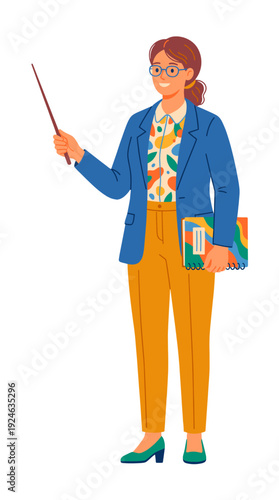 A female teacher holding a pointer and a book. The image shows a teacher in a blazer and eyeglasses.