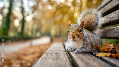 A squirrel perched on a city park bench under morning light, calm urban wildlife moment with open background.
