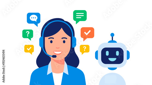 A virtual assistant and a service representative helping customers by providing real-time support