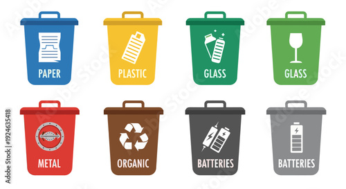 Different colored recycle bins showing what can be recycled in each bin