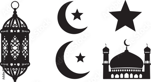 Ramadan lantern and mosque silhouette with crescent moon and star