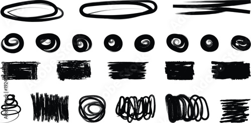 Collection of expressive black brush strokes and scribbles on white background