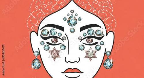 Woman face with colorful makeup and gems on her eyes and forehead on orange background