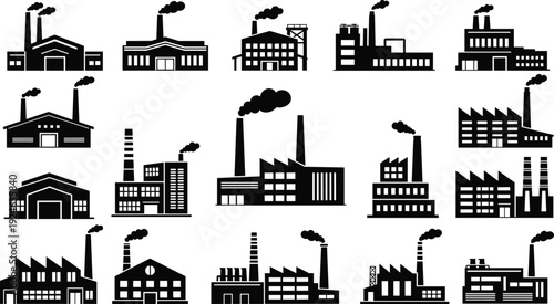 Set of fifteen various industrial factory building silhouettes with smoking chimneys representing manufacturing plants warehouses and power stations for engineering and heavy industry concepts