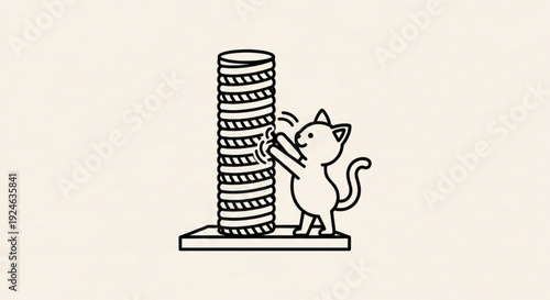 Cartoon cat pushing a tall stack of coins on a flat surface conveying financial struggle and effort