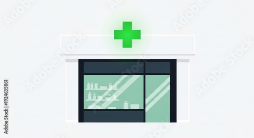 Pharmacy storefront with green cross symbol on white background simple graphic illustration healthcare and medicine concept