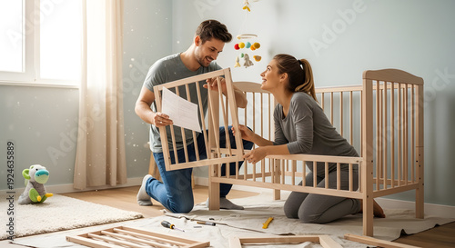 A smiling pregnant woman and her partner looking at instructions while building a wooden cot for their upcoming baby