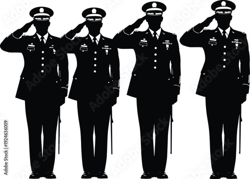 Silhouette of four military officers in service dress uniforms standing in a row and performing a formal hand salute against a white background