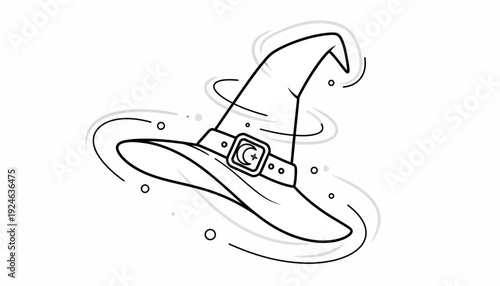 Witch Hat Outline with Swirling Magical Elements, Black and White Line Art