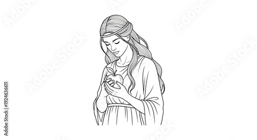 Young Woman Holding Apple, Ancient Greek Goddess, Mythological Character, Line Art