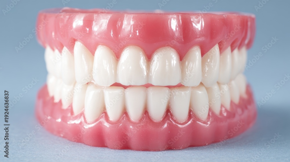 Obraz premium A close-up of a dental model with pink and white teeth, showing the upper and lower jaw parts.