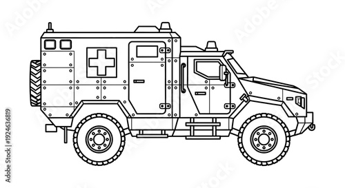 Armored Ambulance Truck Outline, Medical Vehicle, Emergency Transport, Military Medical Vehicle