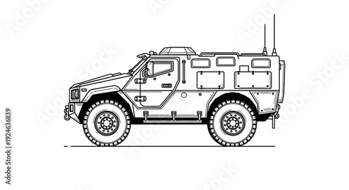 Armored Military Vehicle Line Drawing - Tactical Transport