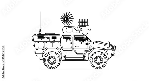 Armored Military Vehicle with Radar and Antenna - Line Art Illustration
