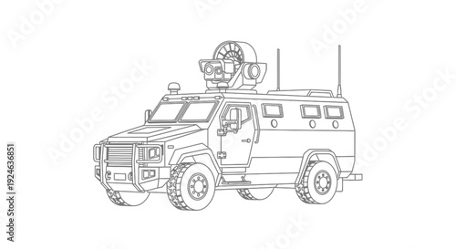 Armored Military Vehicle with Surveillance Equipment - Line Art Illustration